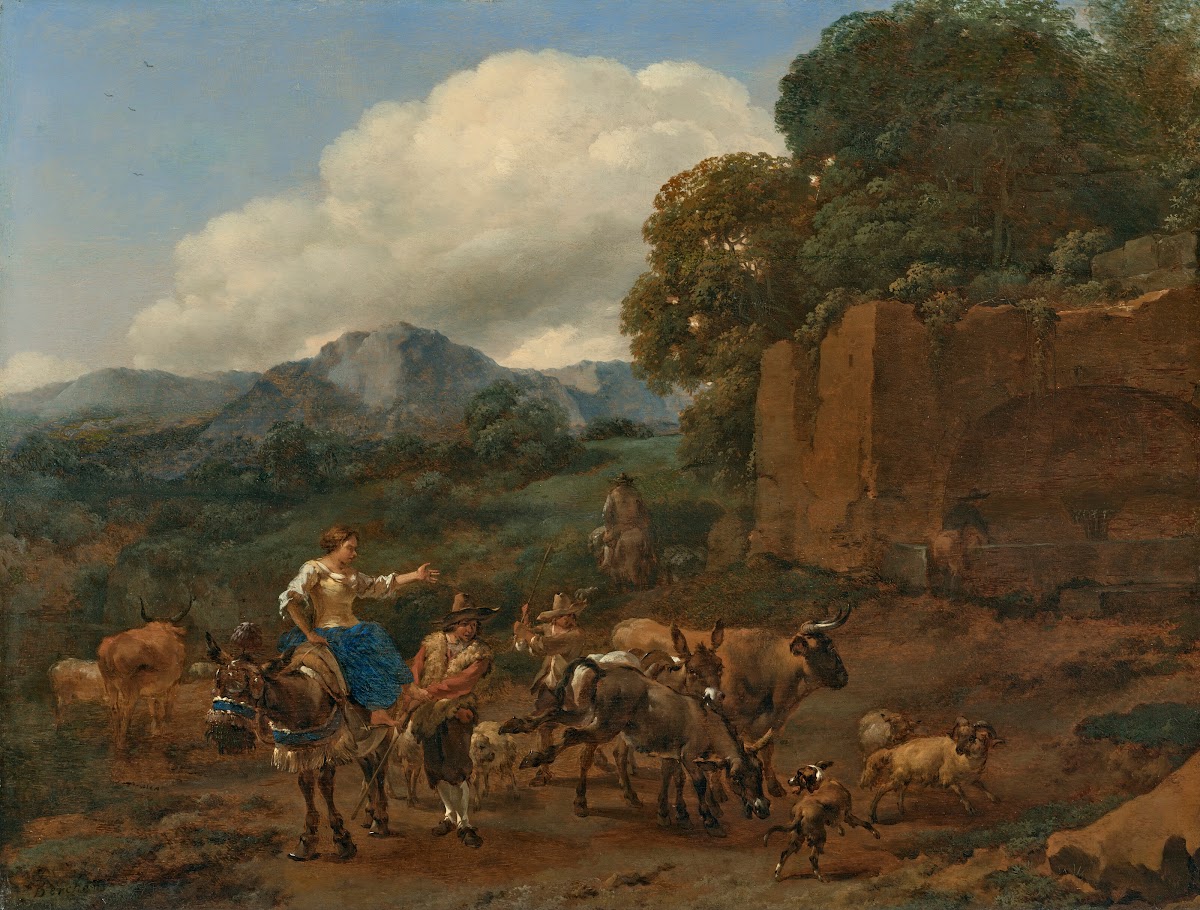 An Italianate landscape with a shepherdess on a mule and a shepherd herding catt