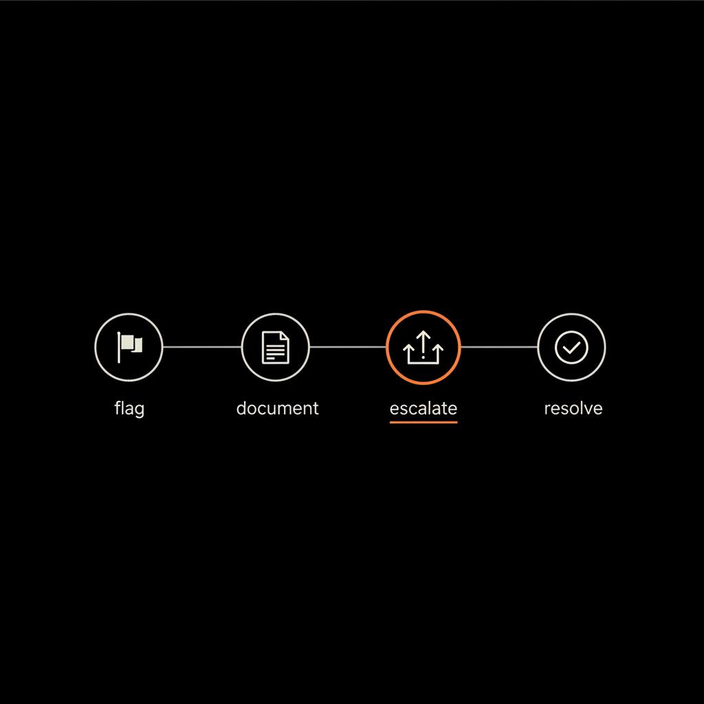 Minimal vector timeline infographic on black background illustrating steps for google review removal: flag, document, escalate, resolve using brand colors.