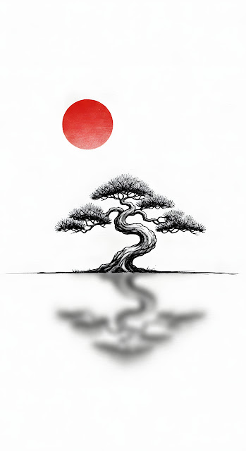Minimalist Japanese Sumi-e Pine Tree Sketch with Red Sun - Free mobile Wallpaper