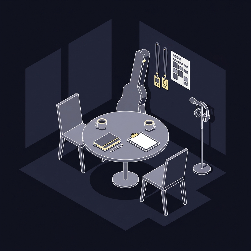 Minimalist vector green room still life suggesting post show planning with two chairs a table two coffee cups a planner clipboard guitar case headphones and lanyards in Funded Plays colors american idol odds