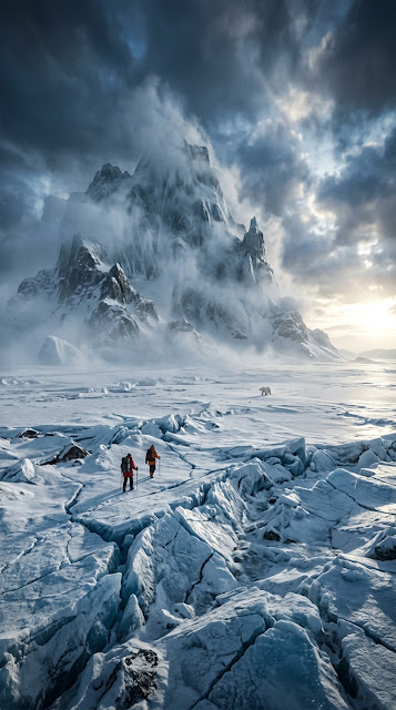 Minimalist Arctic Landscape with Lone Polar Bear and Trekkers - Free mobile Wallpaper