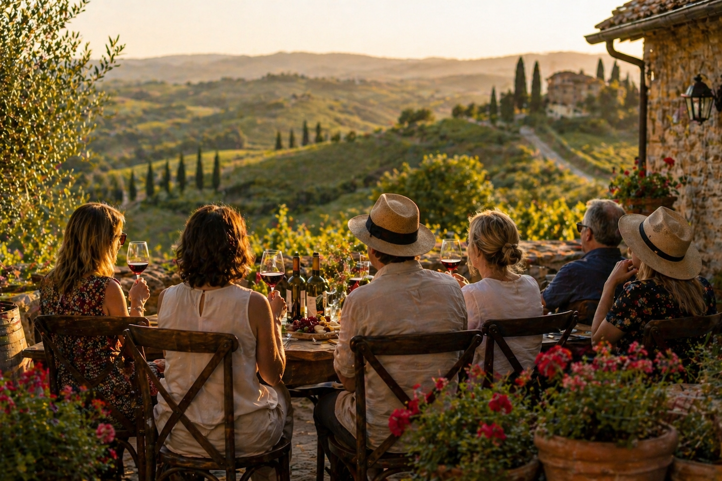 Group enjoying wine tasting at a vineyard in Tuscany Italy during sunset overlooking rolling hills