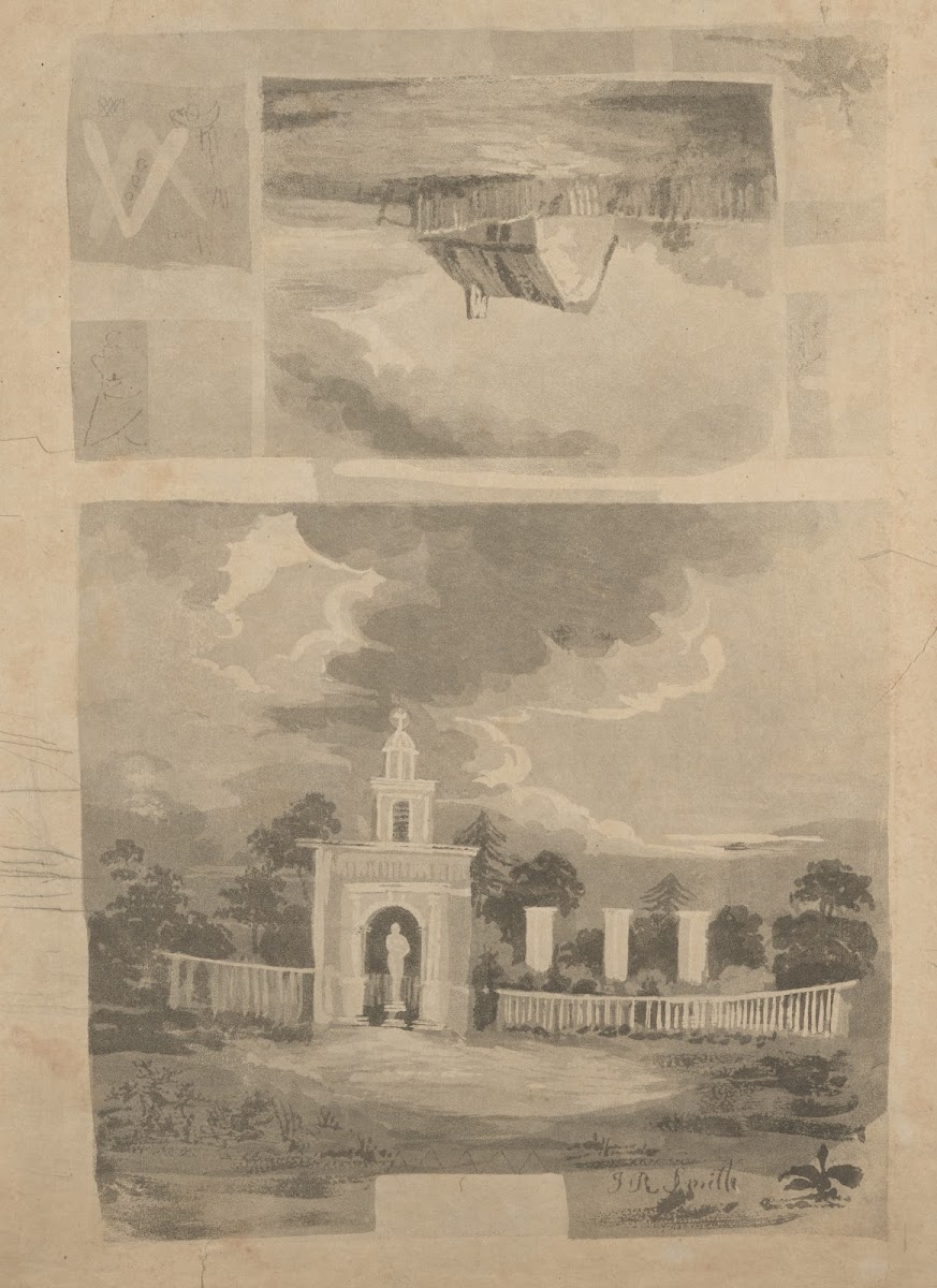 Country folly statuary niche and rural cottage two scenes 1809 1844