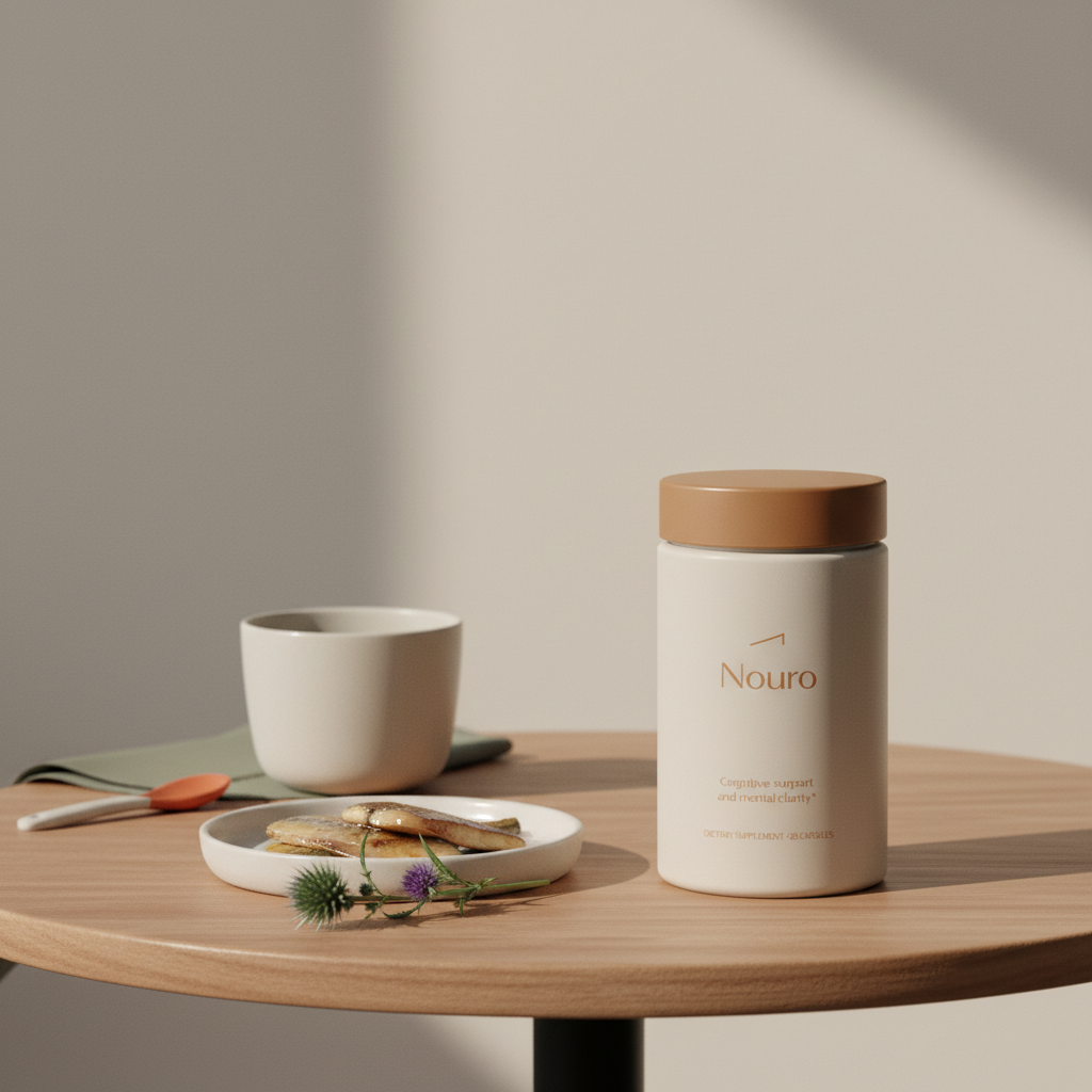 Minimalist lifestyle photo of Tonum Nouro supplement jar beside a small dish of fish, a milk thistle sprig and a neutral ceramic cup on a wooden table — best supplement for brain function