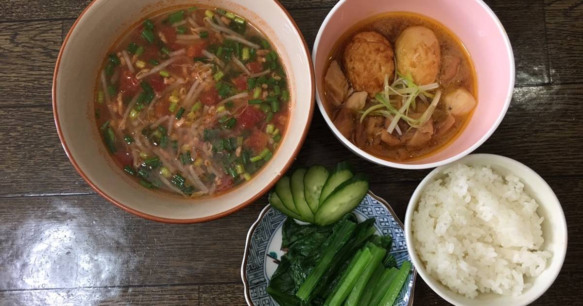 Thịt kho tàu, canh cà chua giá ăn kèm cơm và rau luộc 🌿