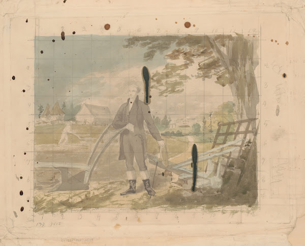 George Washington standing at a plow with Mount Vernon in the background 1810 18