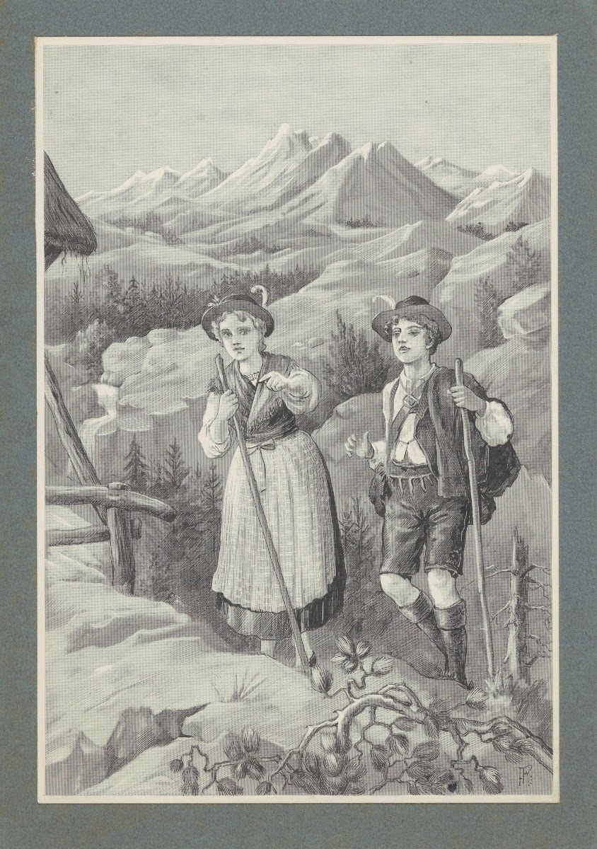 Jongen en meisje wandelen in een berglandschap 1905