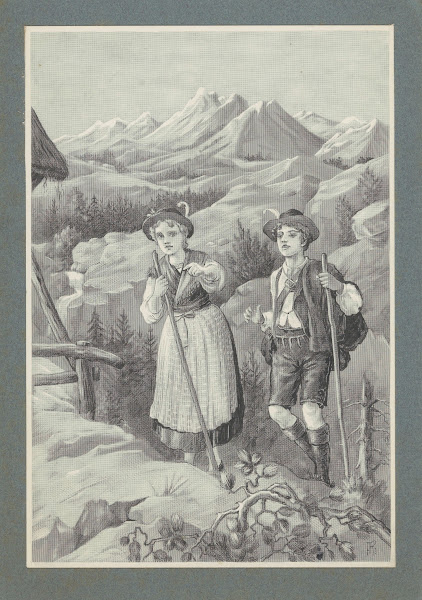 Jongen en meisje wandelen in een berglandschap 1905