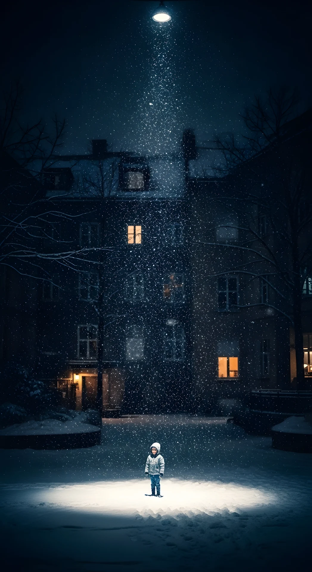 Small Child Playing in Falling Snow Under a Bright Street Lamp at Night - Free 4K mobile Wallpaper