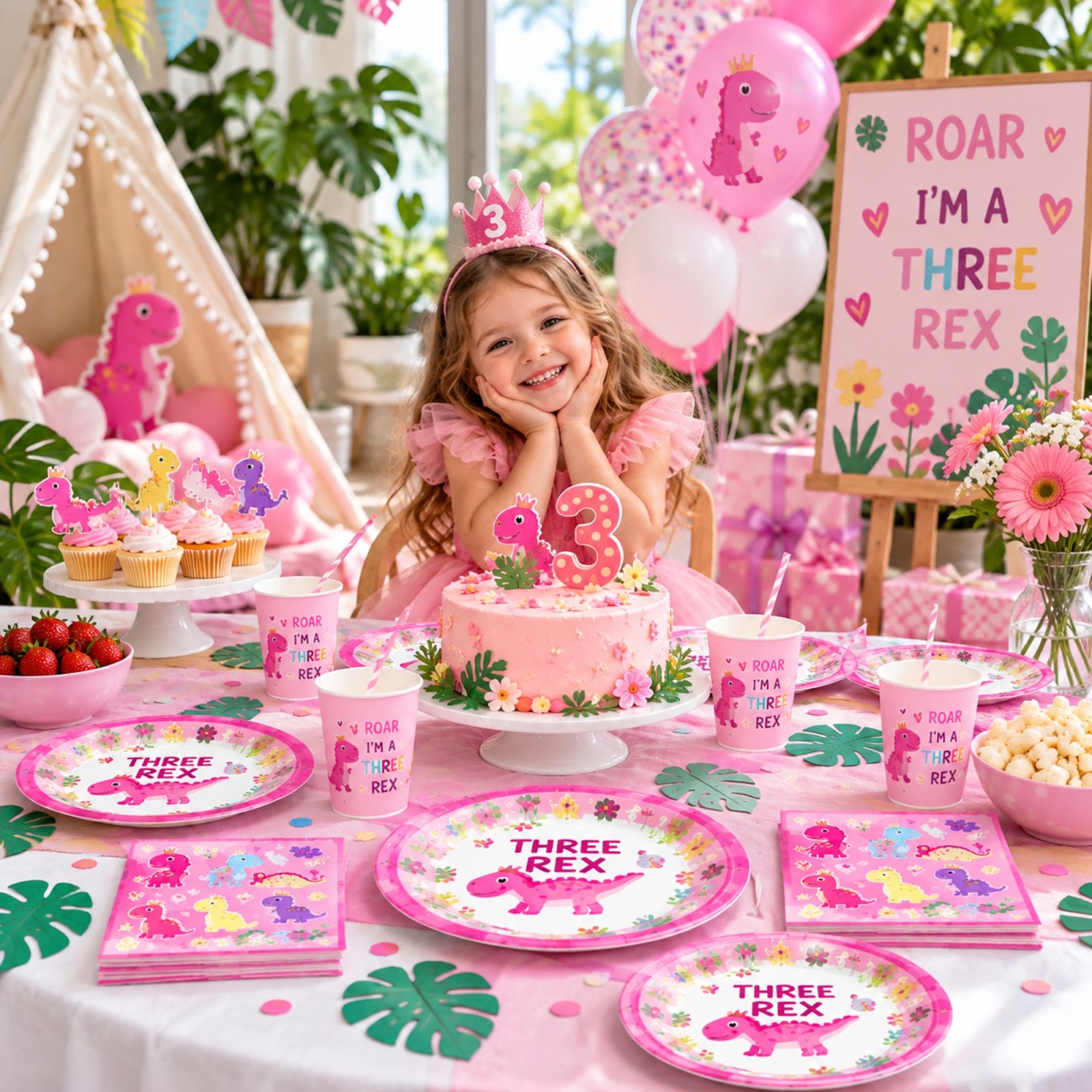 2 Pack Pink Dinosaur Birthday Party Supplies for Girls, 160Pcs 3rd Birthday Decorations with 80 Plates, 40 Cups & 40 Napkins, Dino Party Tableware Serves 40 view 4