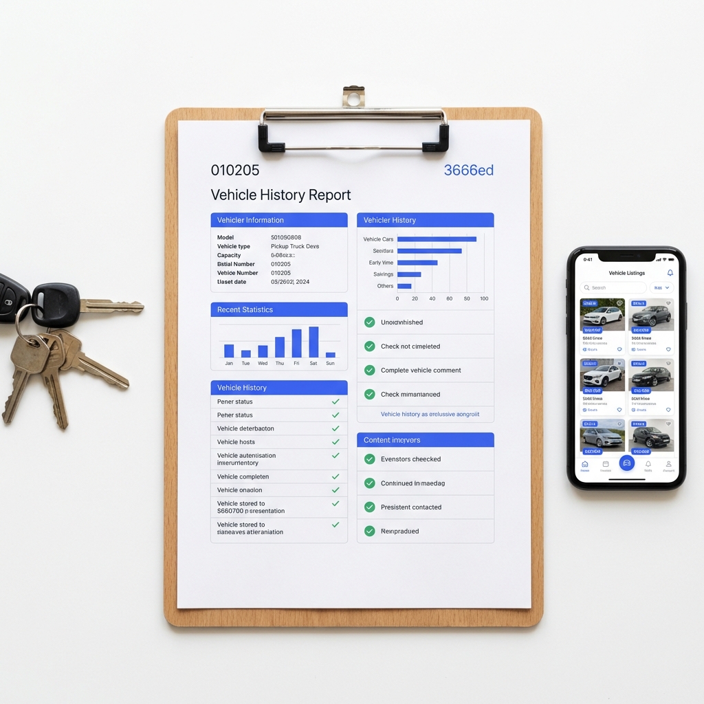 Close up of a vehicle history report on a clipboard next to pickup keys and a smartphone showing a listings page for pick up trucks for sale on a clean white background