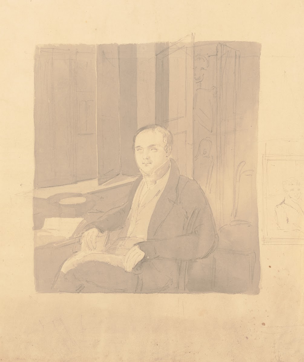 Unfinished three quarter portrait of a physician seated at a desk with a skeleto