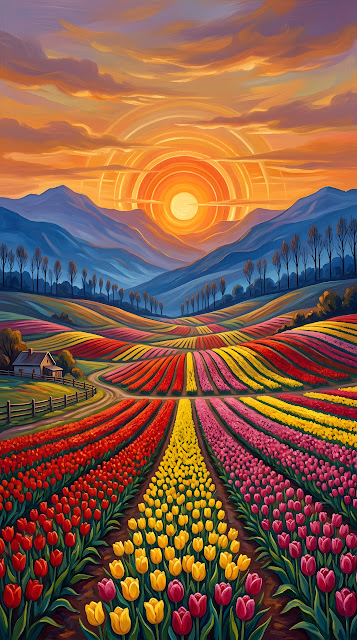 Stylized Painting of an Endless Tulip Field Under a Radiant Sunset - Free mobile Wallpaper