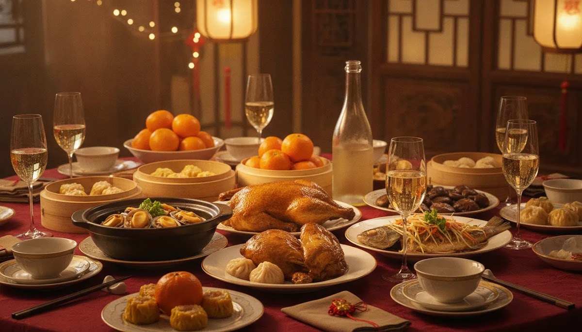 Festive reunion dinner pairing scene for wine gifts for lunar new year