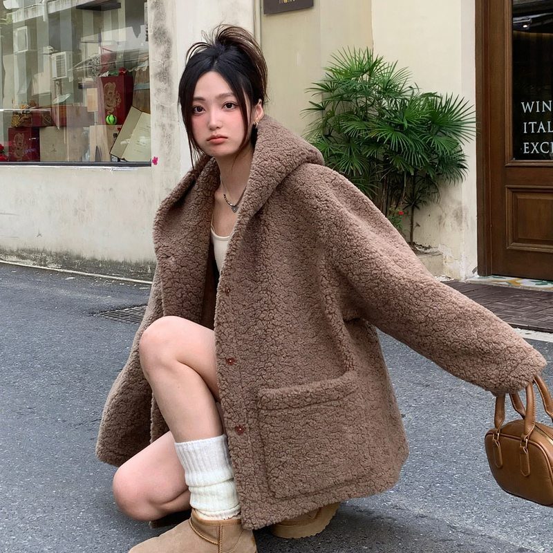 Fluffy Women's Hooded Coat with Faux Shearling