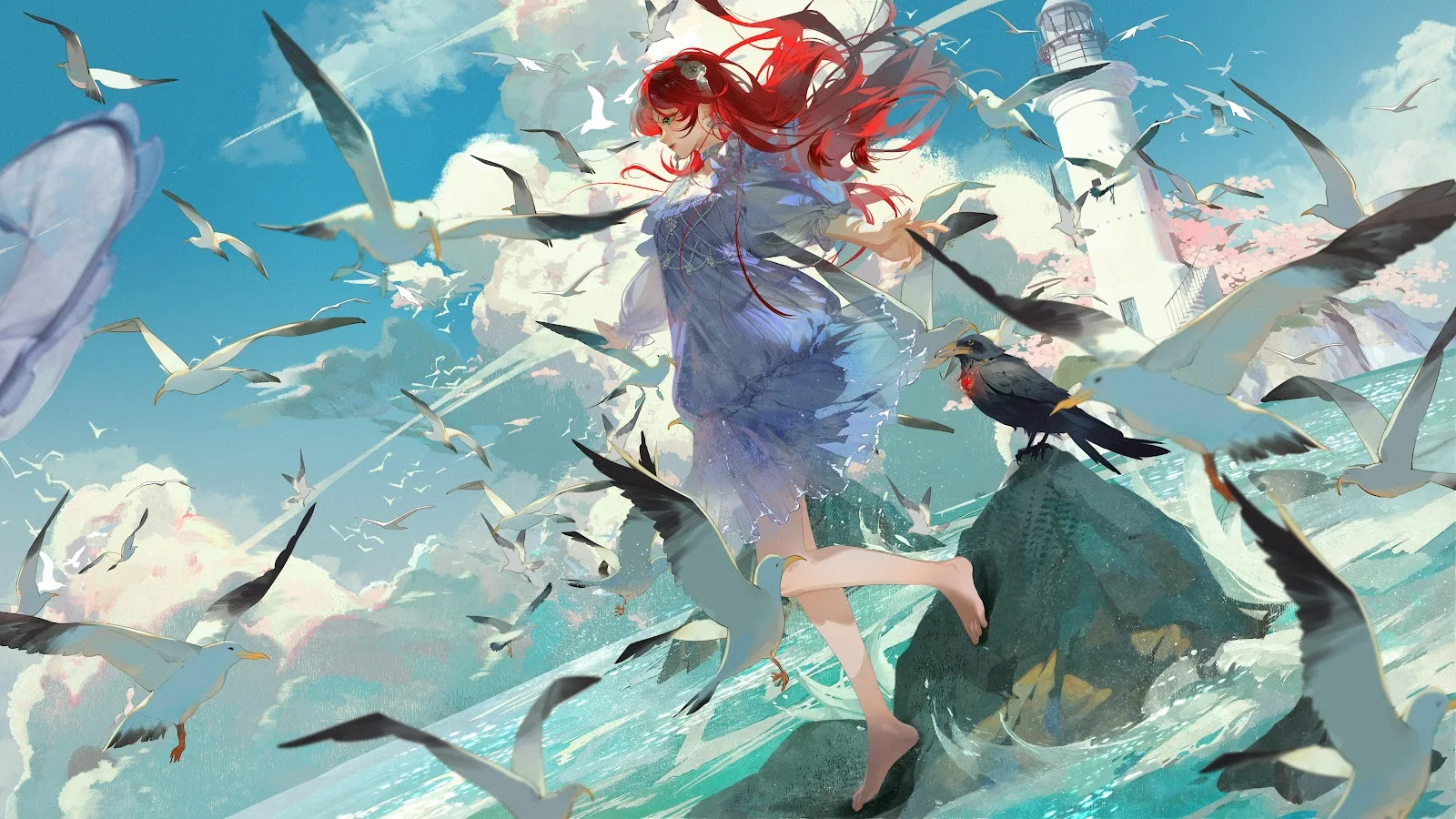 Red Haired Girl By The Sea - Anime Digital Illustration 5K Wallpaper (6666x3750)
