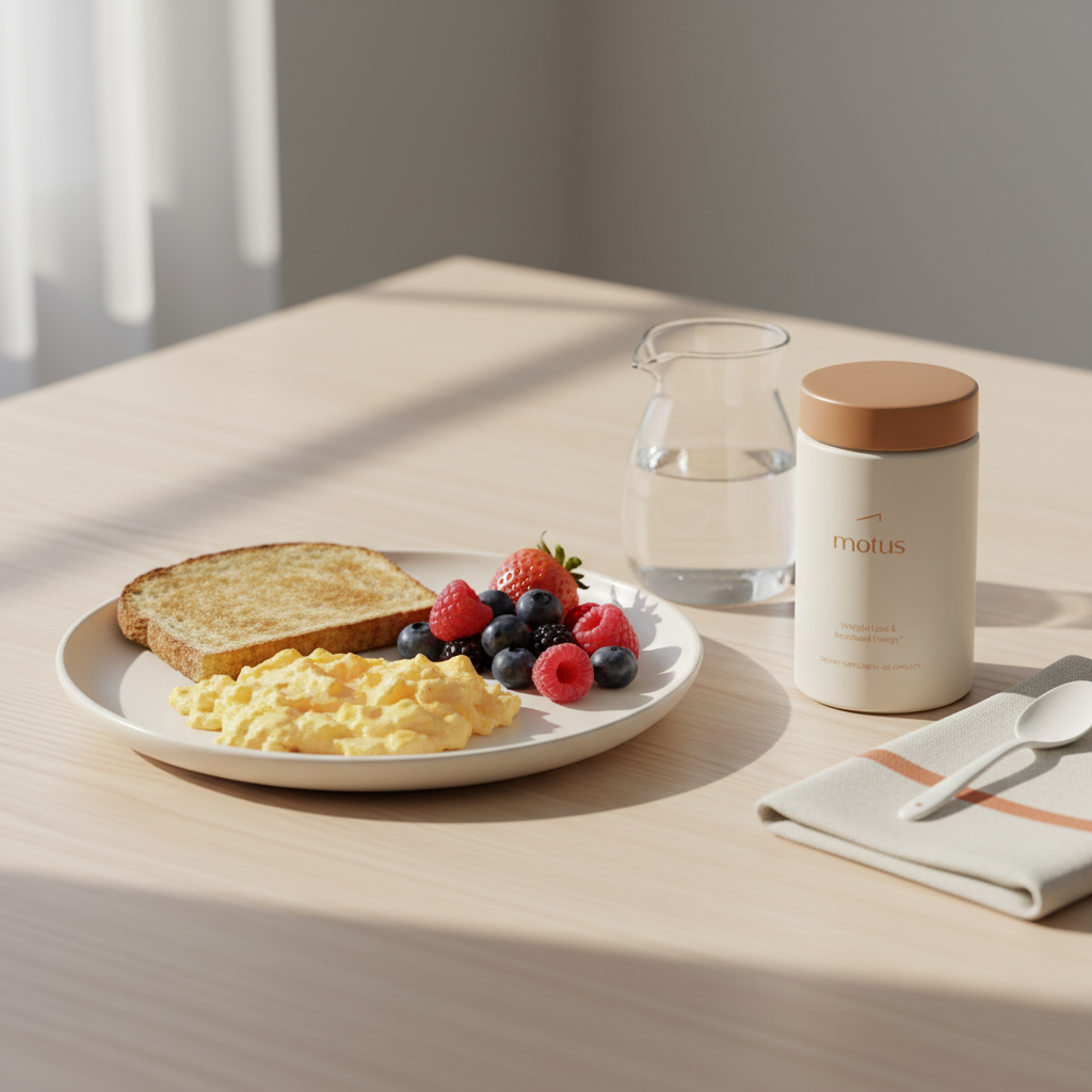 Motus supplement bottle beside a balanced breakfast of eggs, berries and whole-grain toast on a wooden table in Tonum brand colors — what pills are good for cutting fat?
