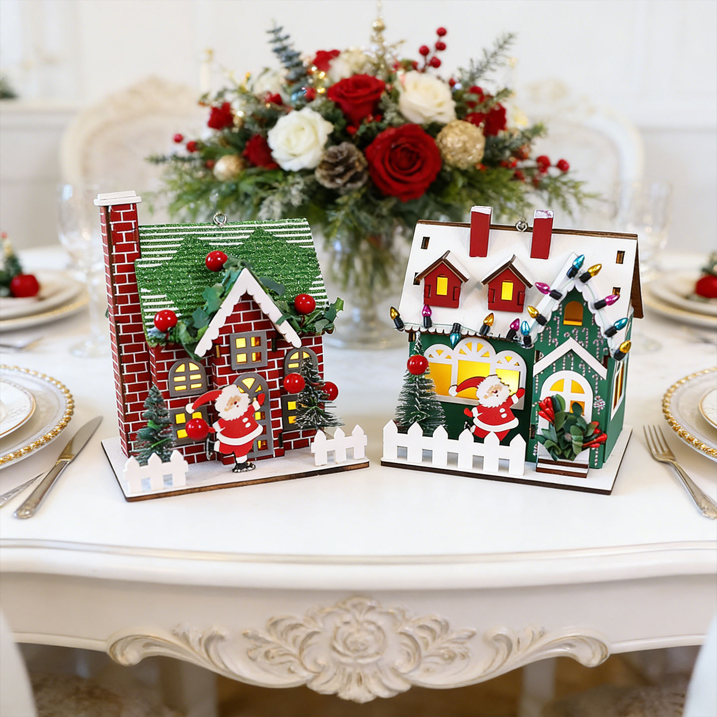 Decorative wooden Christmas house as hanging decoration or stand