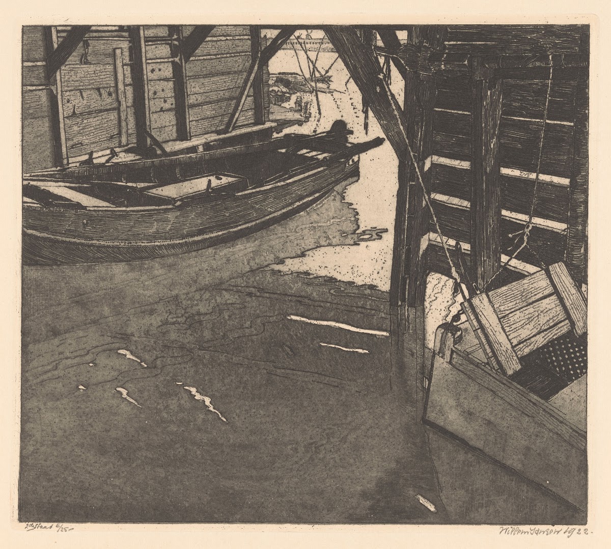 Interior of a boat house with a fish cart and a boat with built in fish cart 192