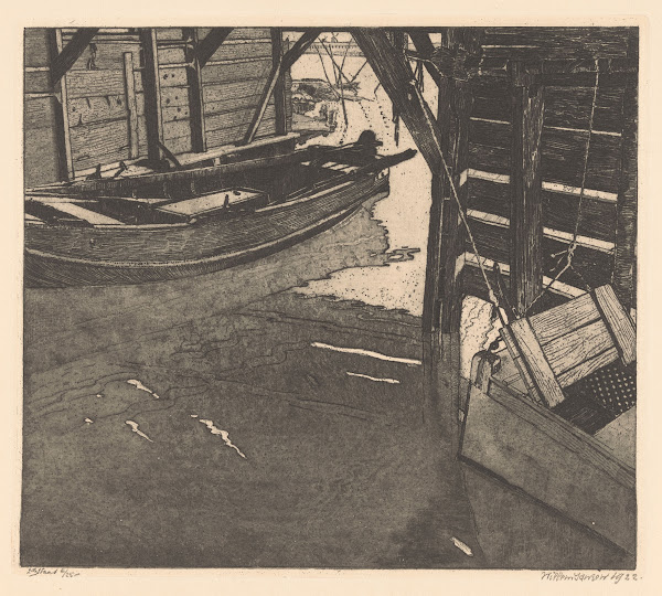 Interior of a boat house with a fish cart and a boat with built in fish cart 192