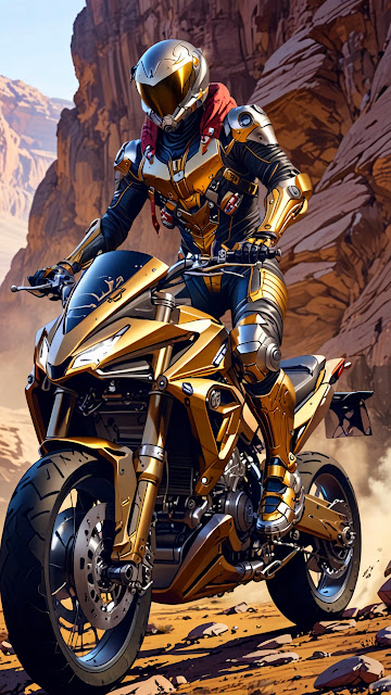 Armored rider on golden motorcycle through desert canyon - Free mobile Wallpaper
