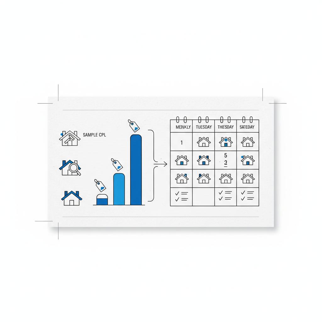 Vector notebook-style ROI chart and weekly calendar sketch with CPL bar tiers and roof repair and inspection icons for Google Local Services Ads roofers.