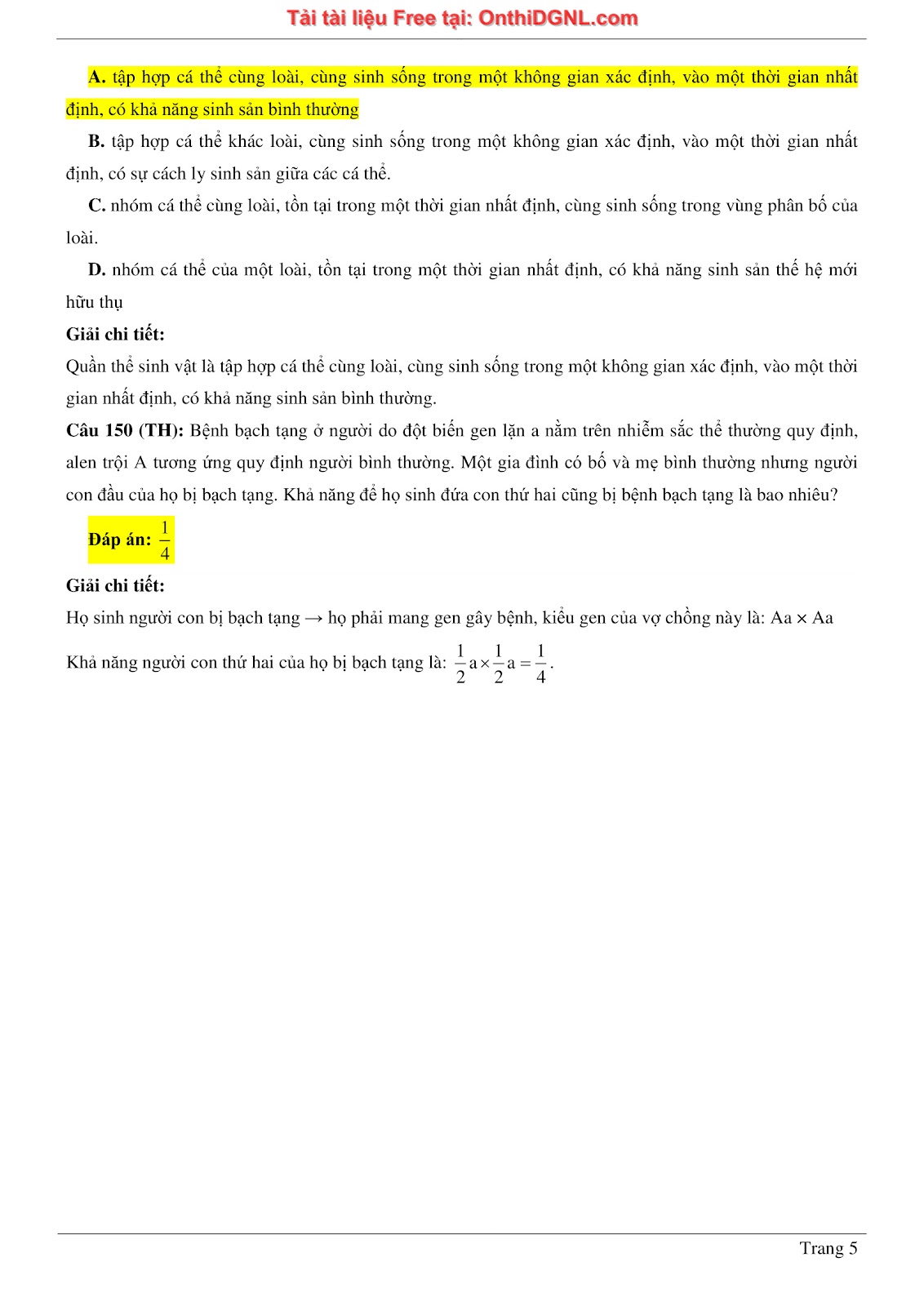 150 bài tập môn Sinh học - Ôn thi ĐGNL ĐHQG HN Phần 10