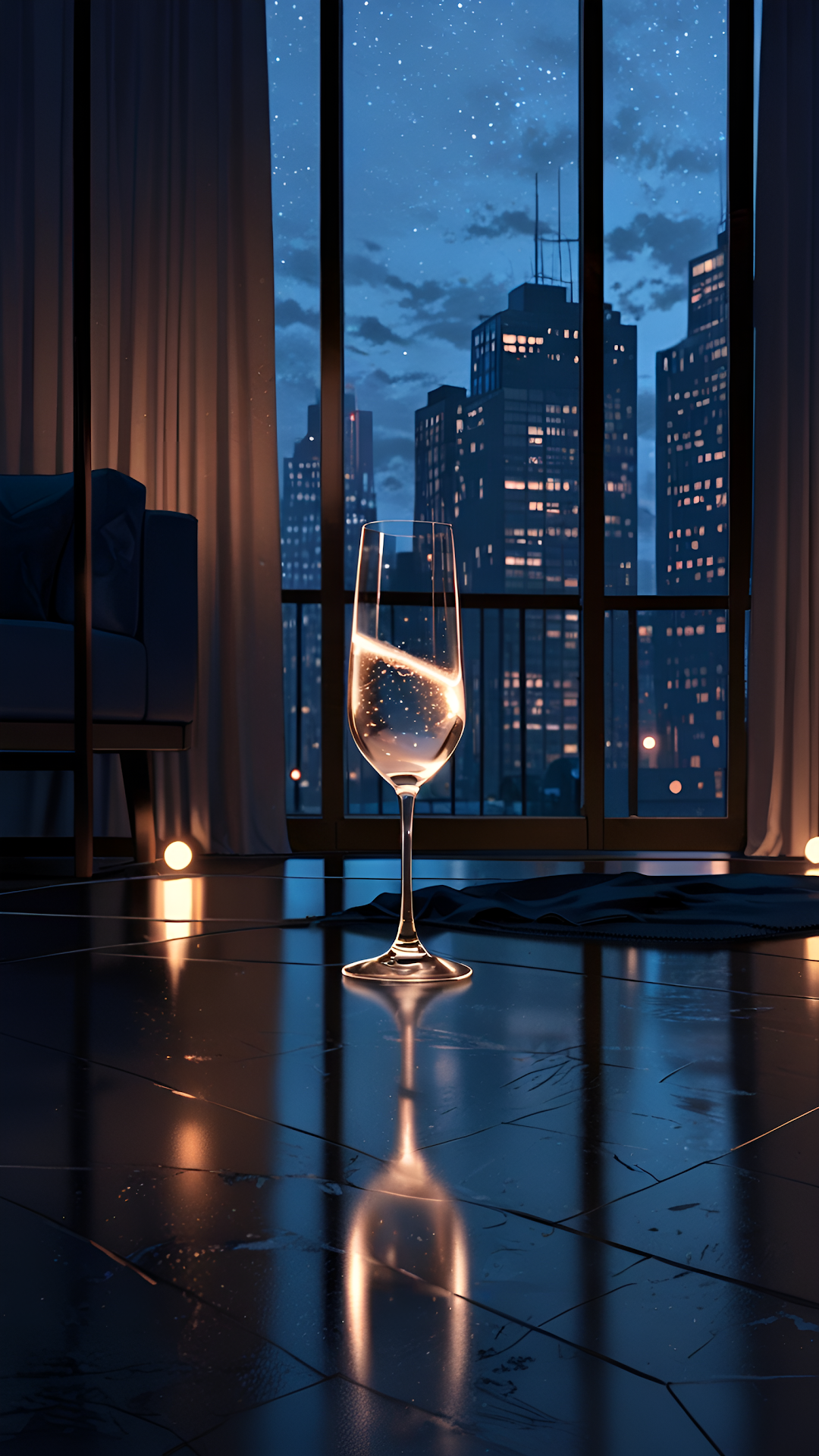 Champagne Glass Glowing on Polished Floor with City View - Free 4K mobile Wallpaper