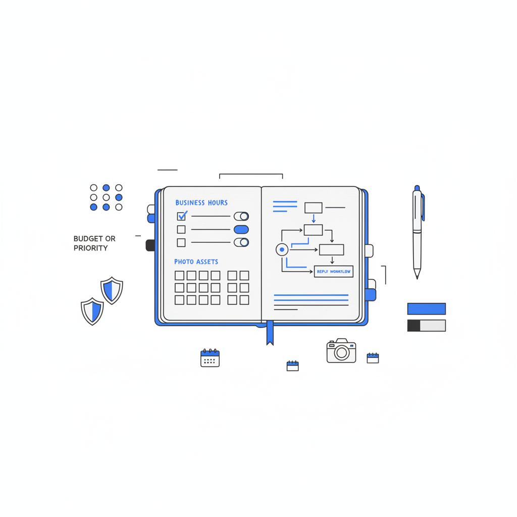Top-down 2D vector of a tidy desk with a notebook of checklist sketches for hours, photos and replies and brand color swatches&mdash;concept for Yelp for local businesses