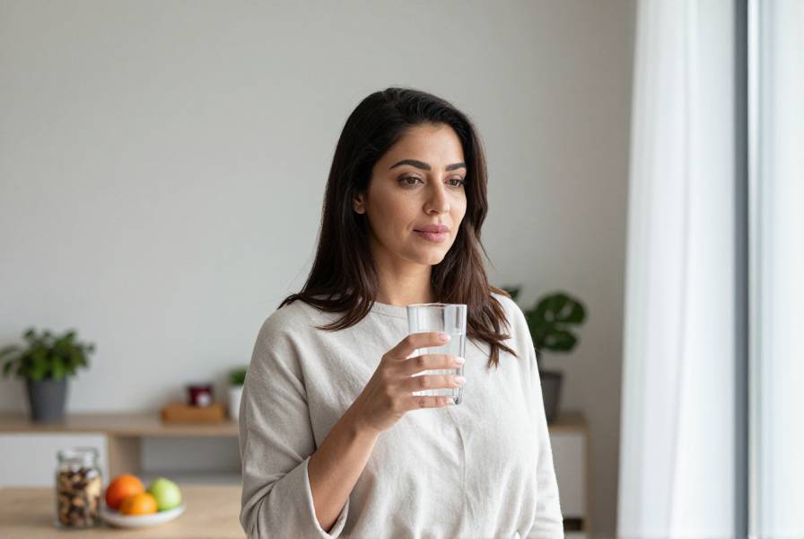 امرأة شرق أوسطية تحمل كوب ماء في مطبخ نظيف