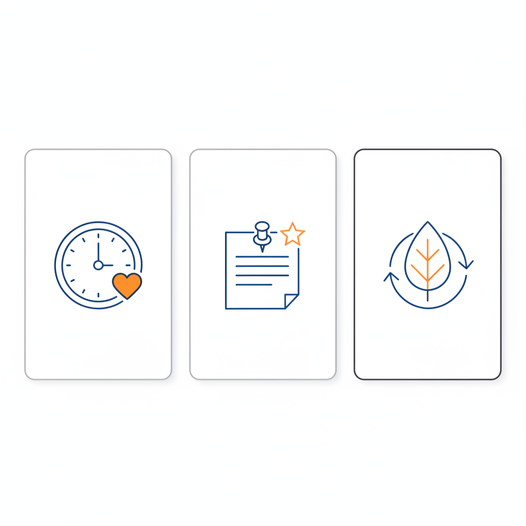 Minimalistische 2D-Vektor-Infografik mit drei Icon-Spalten für Zeit schenken, Erinnerung und Nachhaltigkeit in Steelmonks-Farben; Geschenk für Eltern wenn sie schon alles haben