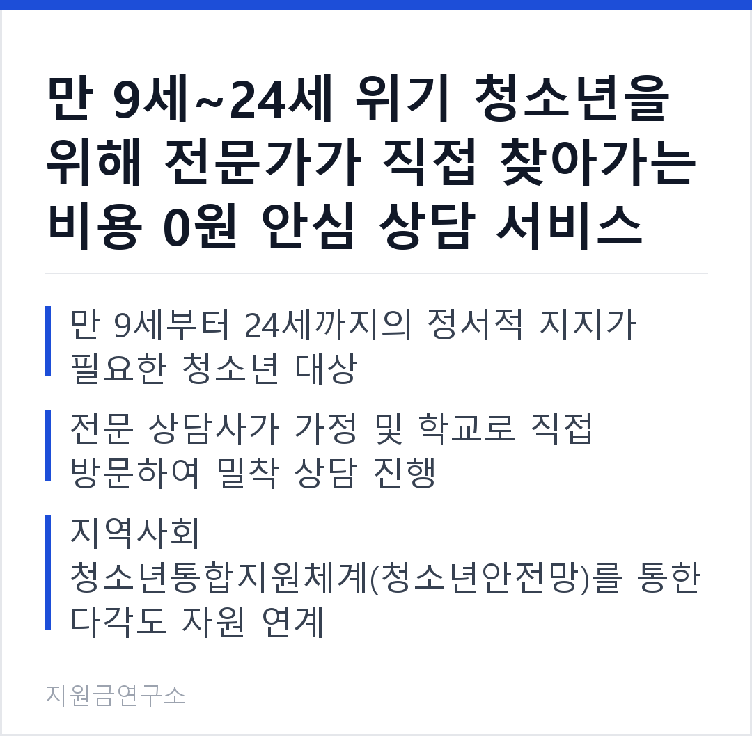 만 9세~24세 위기 청소년을 위해 전문가가 직접 찾아가는 비용 0원 안심 상담 서비스 만 9세부터 24세까지의 정서적 지지가 필요한 청소년 대상 전문 상담사가 가정 및 학교로 직접 방문하여 밀착 상담 진행