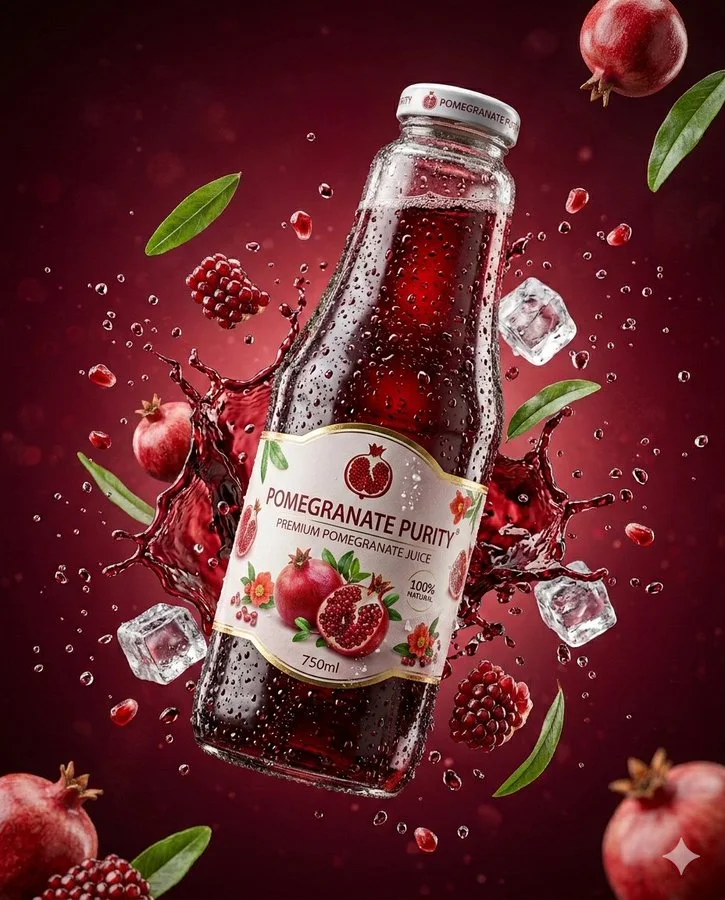 Fotografía comercial ultrarrealista de zumo de cereza
