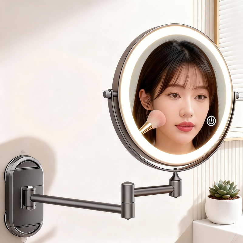 Cosmetic mirror with LED light and suction cup