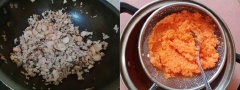 Thịt rửa sạch, băm nhuyễn rồi ướp với chút muối, hạt nêm, dầu hào. Nấm hương nâm nước cho nở. Hành tím băm nhuyễn. Tôm lột vỏ, bỏ đầu, chỉ lưng và rửa sạch. Làm nóng chảo với dầu ăn, cho hành tím vào phi thơm rồi thả thịt vào xào săn lại. Tiếp theo cho tôm, nấm vào xào chung, nếm gia vị vừa ăn và lấy ra để riêng. Làm vỏ bánh: cà rốt gọt vỏ, xắt nhỏ, cho vào máy xay với nước và vắt lấy nước cốt để tạo màu.