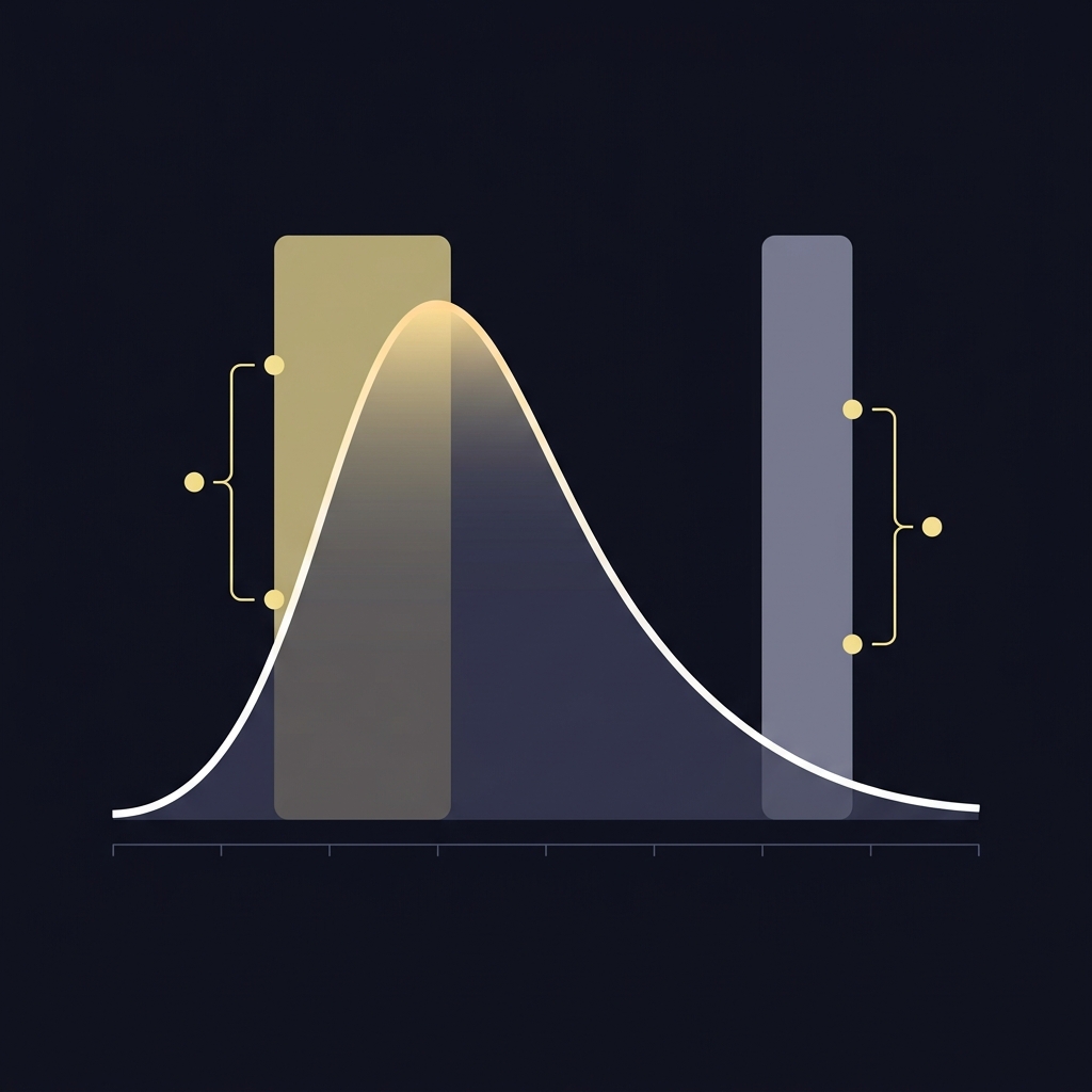Minimalist 2D vector probability distribution chart over draft slots with highlighted lottery band and record band in Funded Plays colors bucks prediction