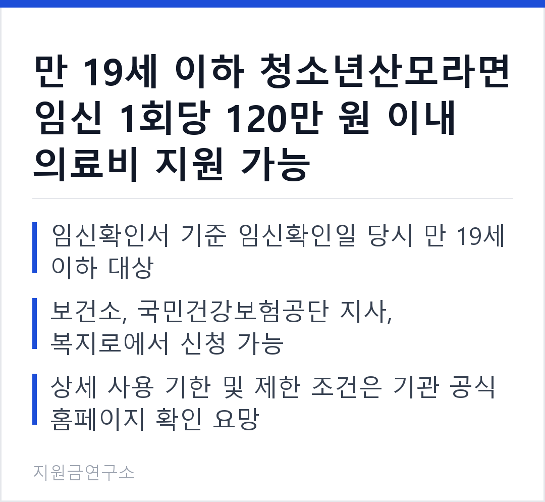 만 19세 이하 청소년산모라면 임신 1회당 120만 원 이내 의료비 지원 가능 임신확인서 기준 임신확인일 당시 만 19세 이하 대상 보건소, 국민건강보험공단 지사, 복지로에서 신청 가능