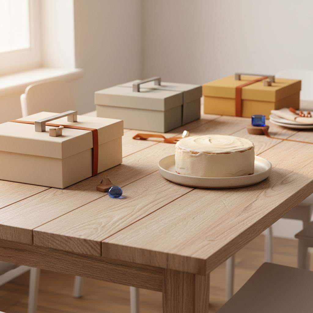 Detailaufnahme eines Esstisches mit Geschenkboxen, einfachem Vanillekuchen und warmen Dekoelementen, Betonung von Metall- und Holzmaterialien – lustige ideen jugendweihe