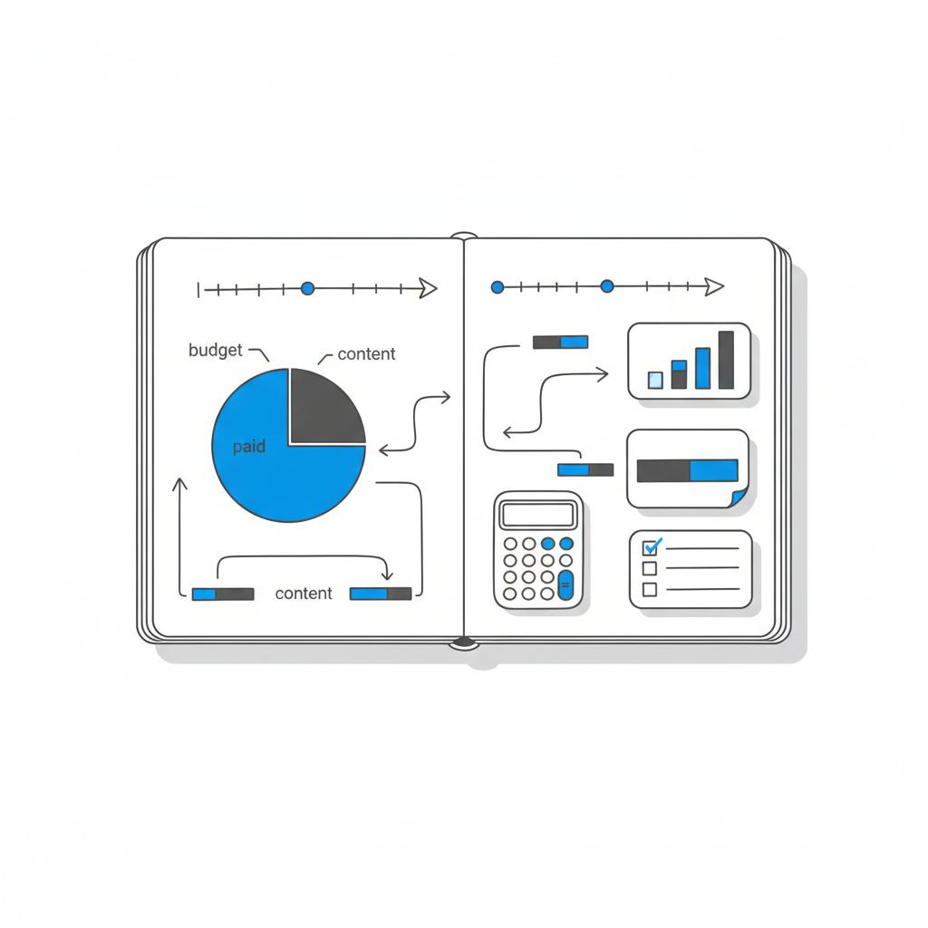 Vector notebook spread with hand-drawn budget allocation charts, timeline arrows across months, sticky-note boxes and a tiny calculator sketch illustrating Google Ads cost planning.