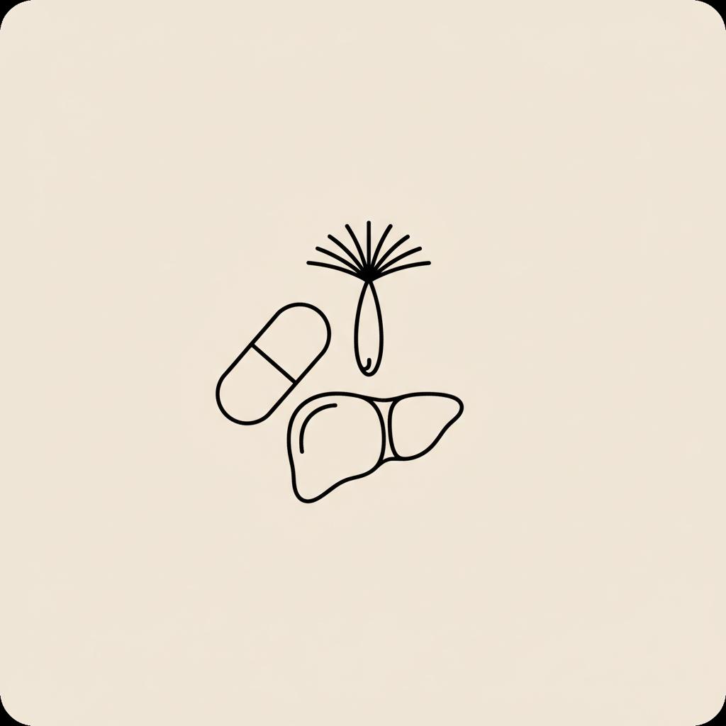 Minimal Tonum-style line illustration of a milk thistle seed, capsule, and simple liver icon on beige background, depicting the best liver supplement