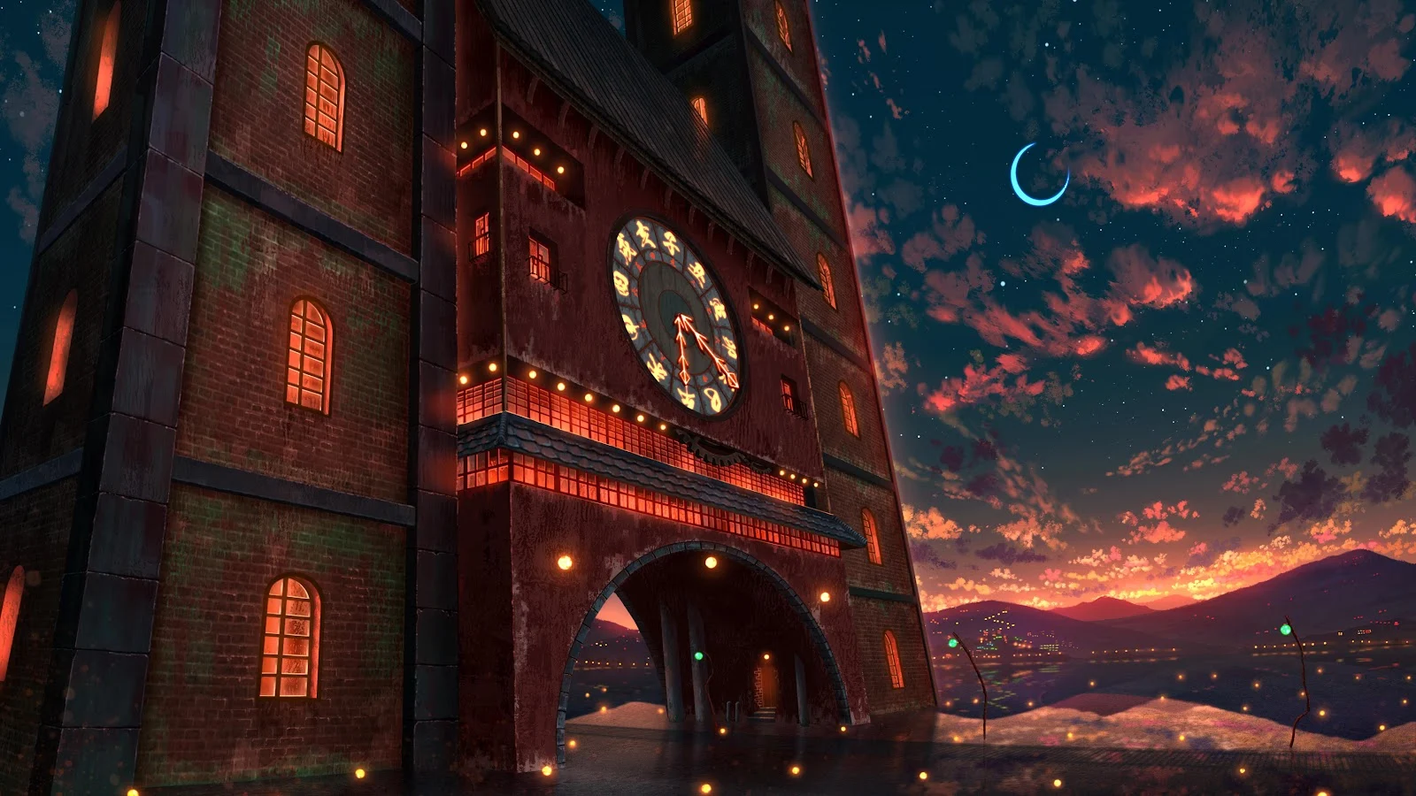 Glowing Clock Tower Under Dramatic Sky - Anime Background Art 5K Wallpaper (5120x2880)