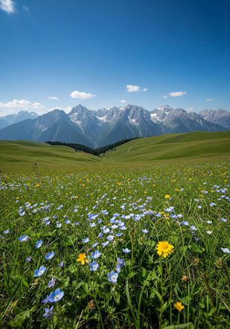 Wildflower Meadow Under Clear Mountain Sky