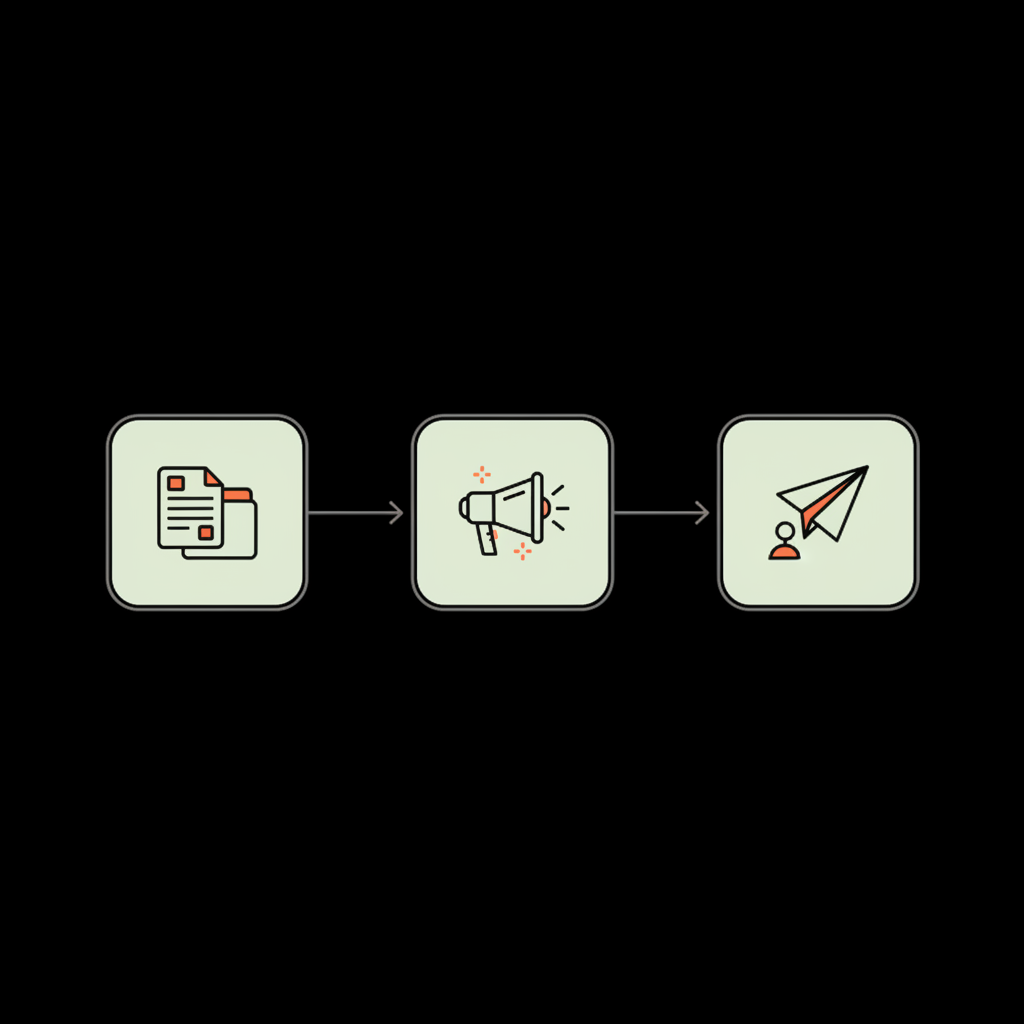 Vector infographic of three icons showing steps for a verified profile on Instagram: prepare documents, gather press, submit application on dark brand background.