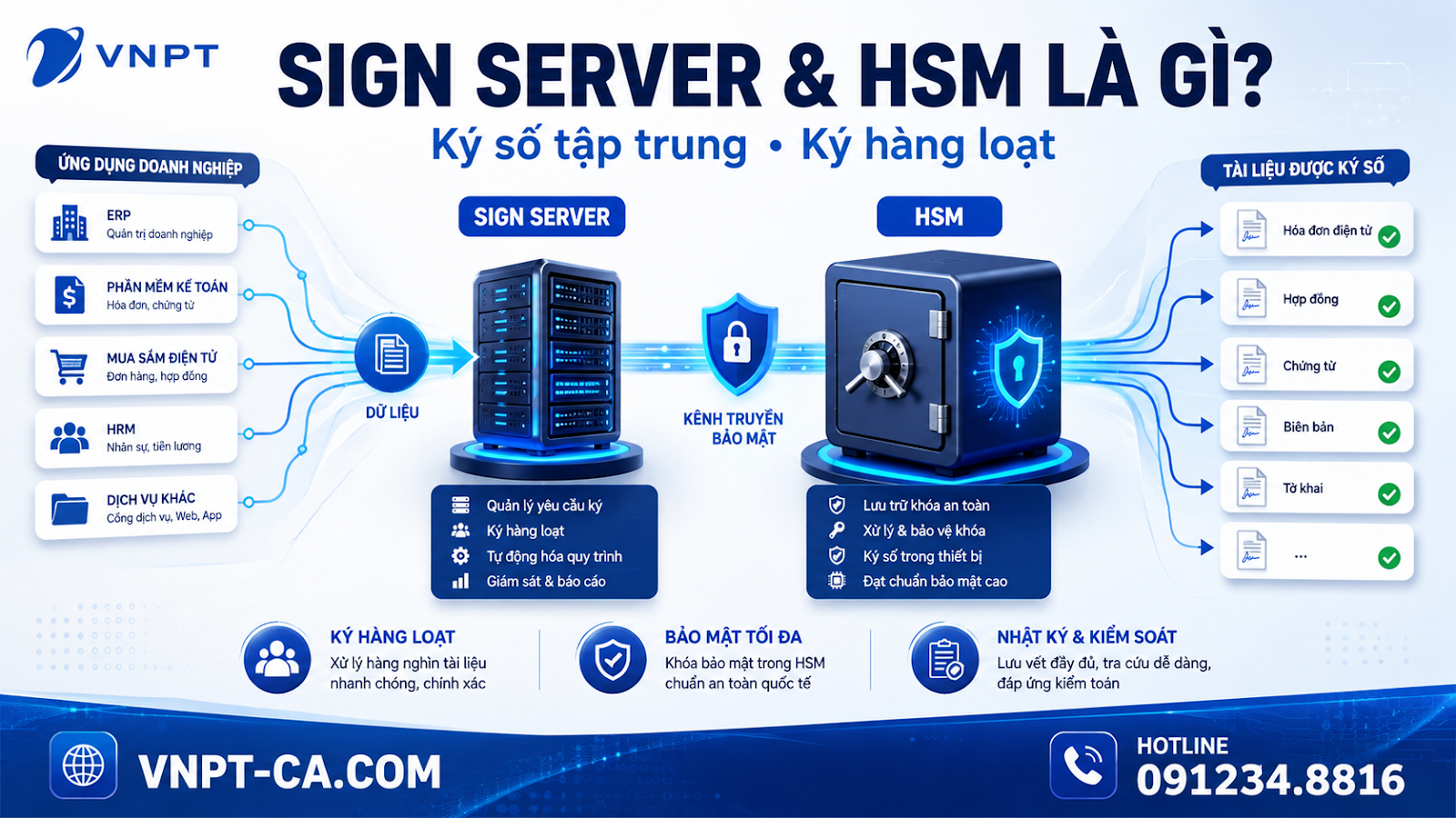 VNPT-CA SignServer và HSM cho ký số tập trung, tự động hoặc hàng loạt trong doanh nghiệp