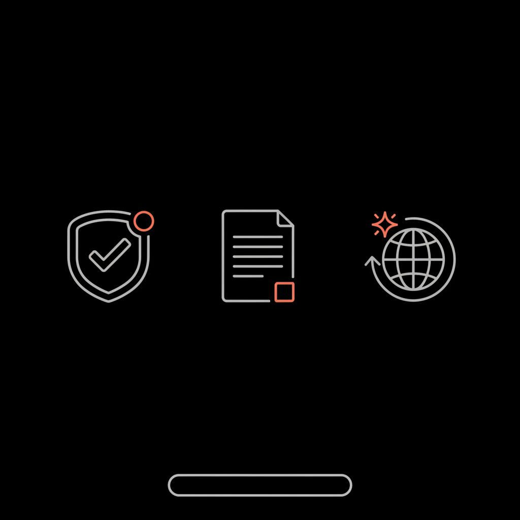 Minimal 2D vector infographic on black background showing a stylized verified badge, document icon and globe suggesting press coverage for instagram blue tick.