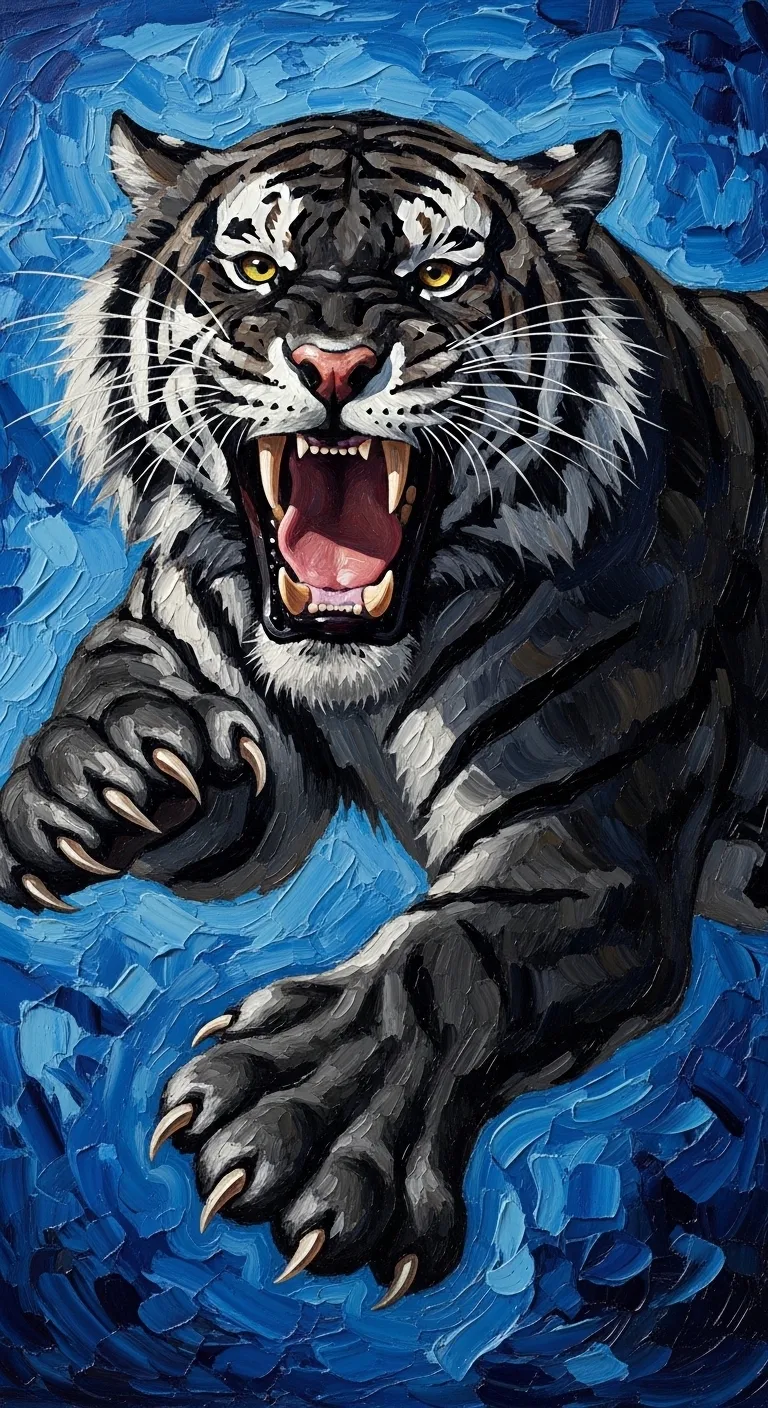 Aggressive Black Tiger Oil Painting Style Action Shot - Free 4K mobile Wallpaper