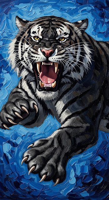Aggressive Black Tiger Oil Painting Style Action Shot - Free mobile Wallpaper