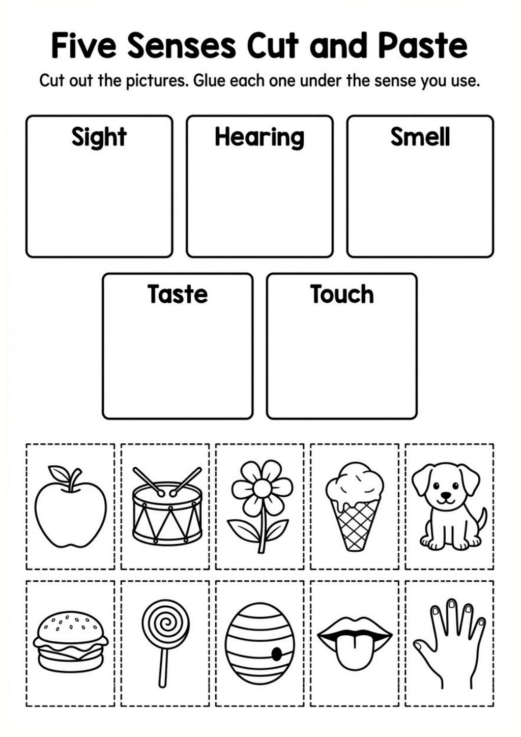 Five Senses Cut and Paste Worksheet
