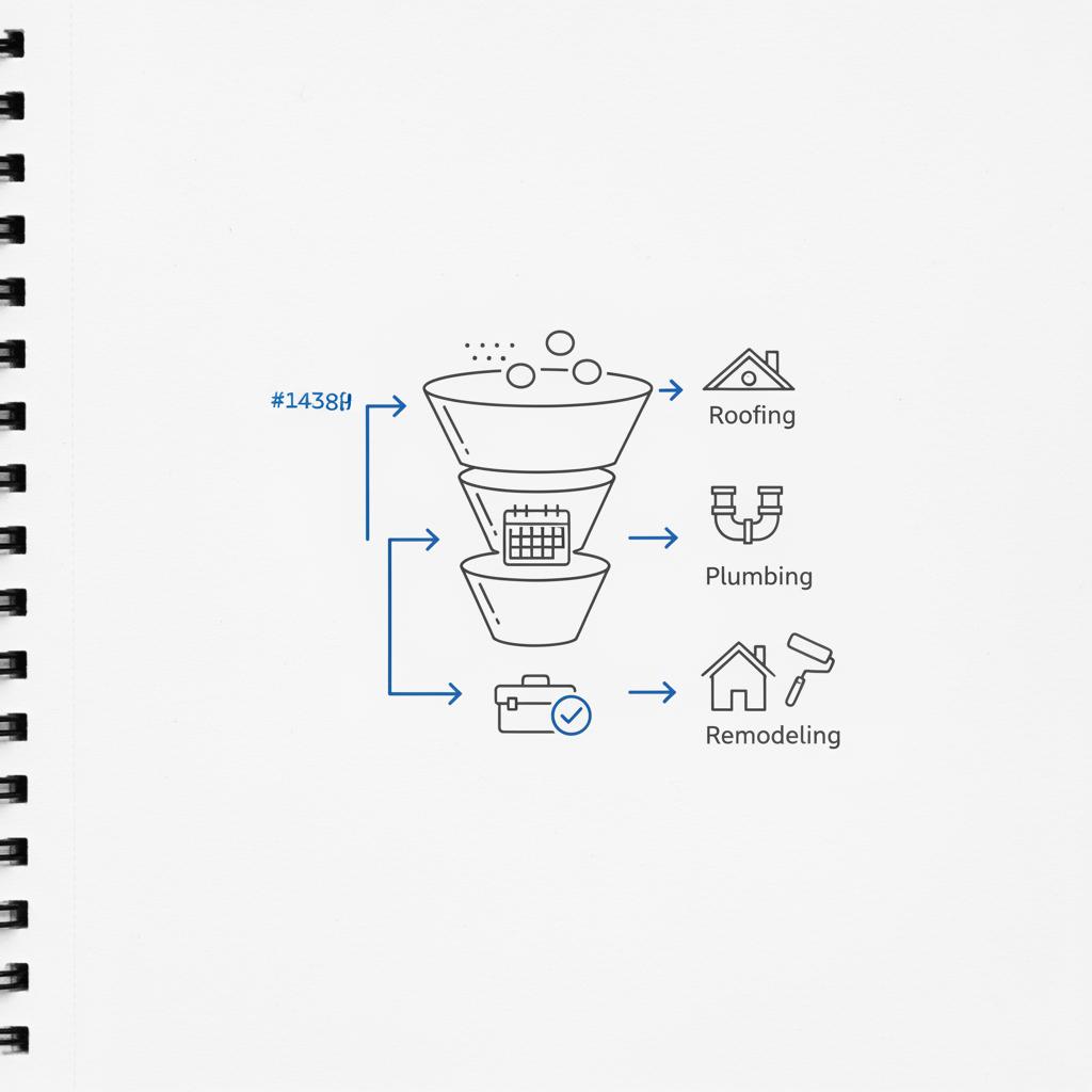 is angi lead worth it for contractors? minimalist 2D vector sketch of a three-layer service funnel with roofing, plumbing, and remodeling icons and blue directional arrows