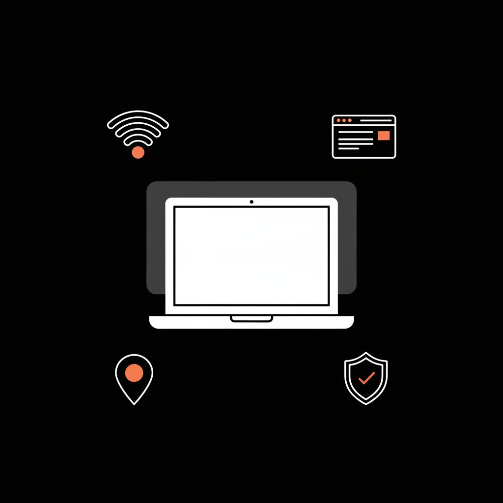 Minimal vector infographic of a laptop and icons (Wi‑Fi, browser window, location pin, shield) illustrating how to recover Gmail password
